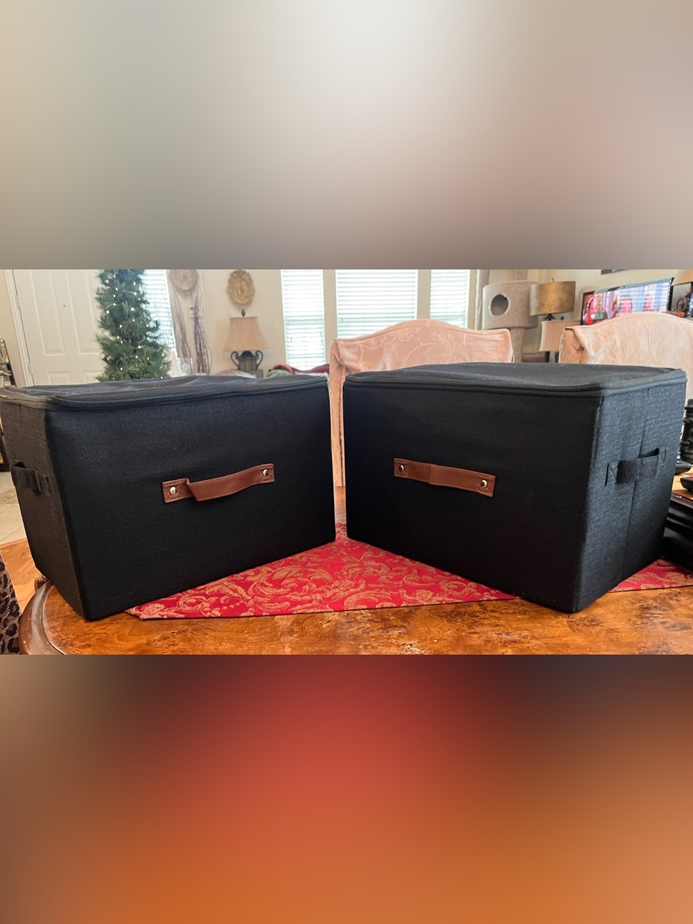 Black Fabric Storage Bins with Zipper lids, Brown Handles, Lined Interior (2)